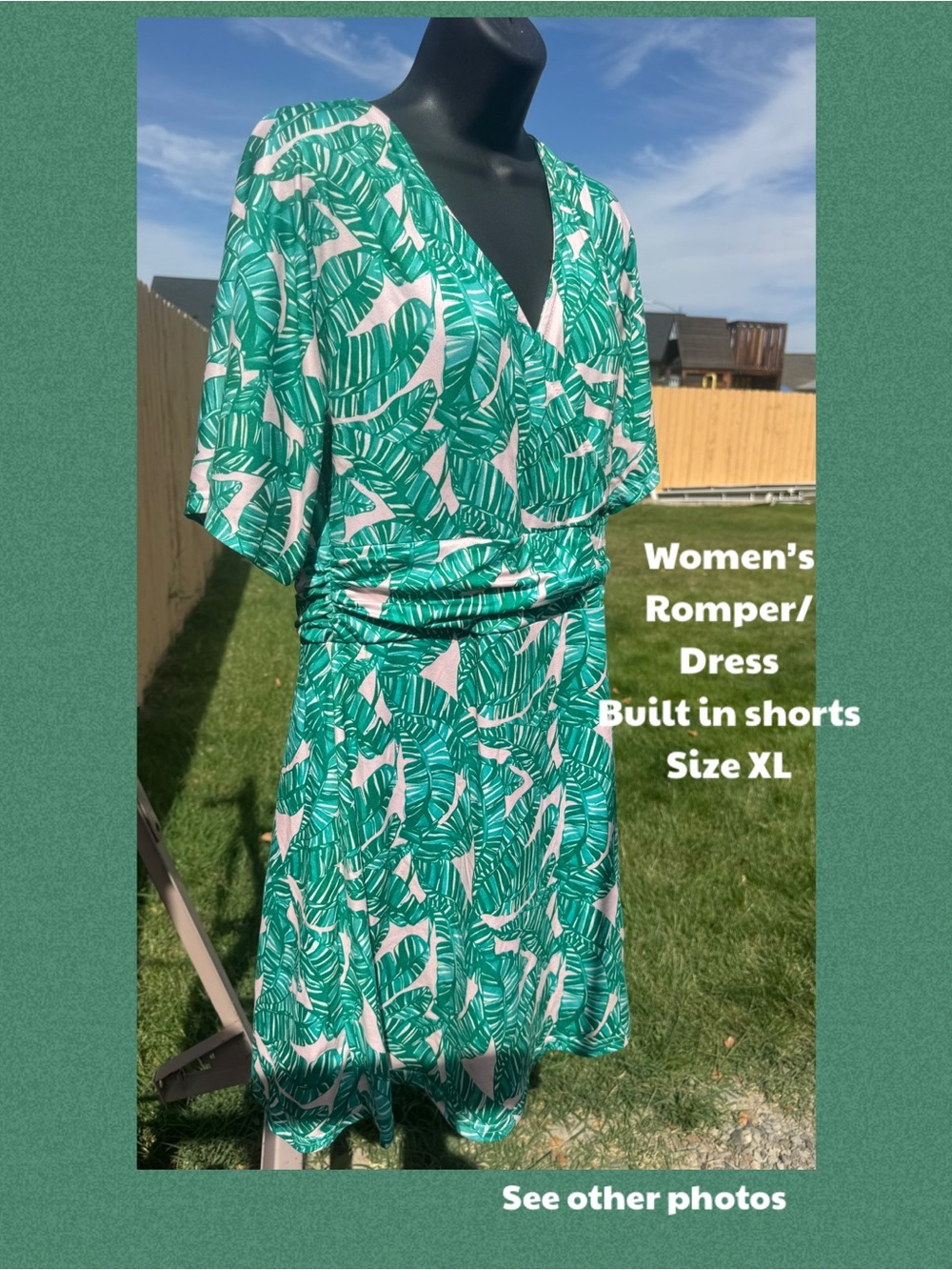 Romper Dress green palm leaf print v neck with short sleeves women’s XL w/shorts